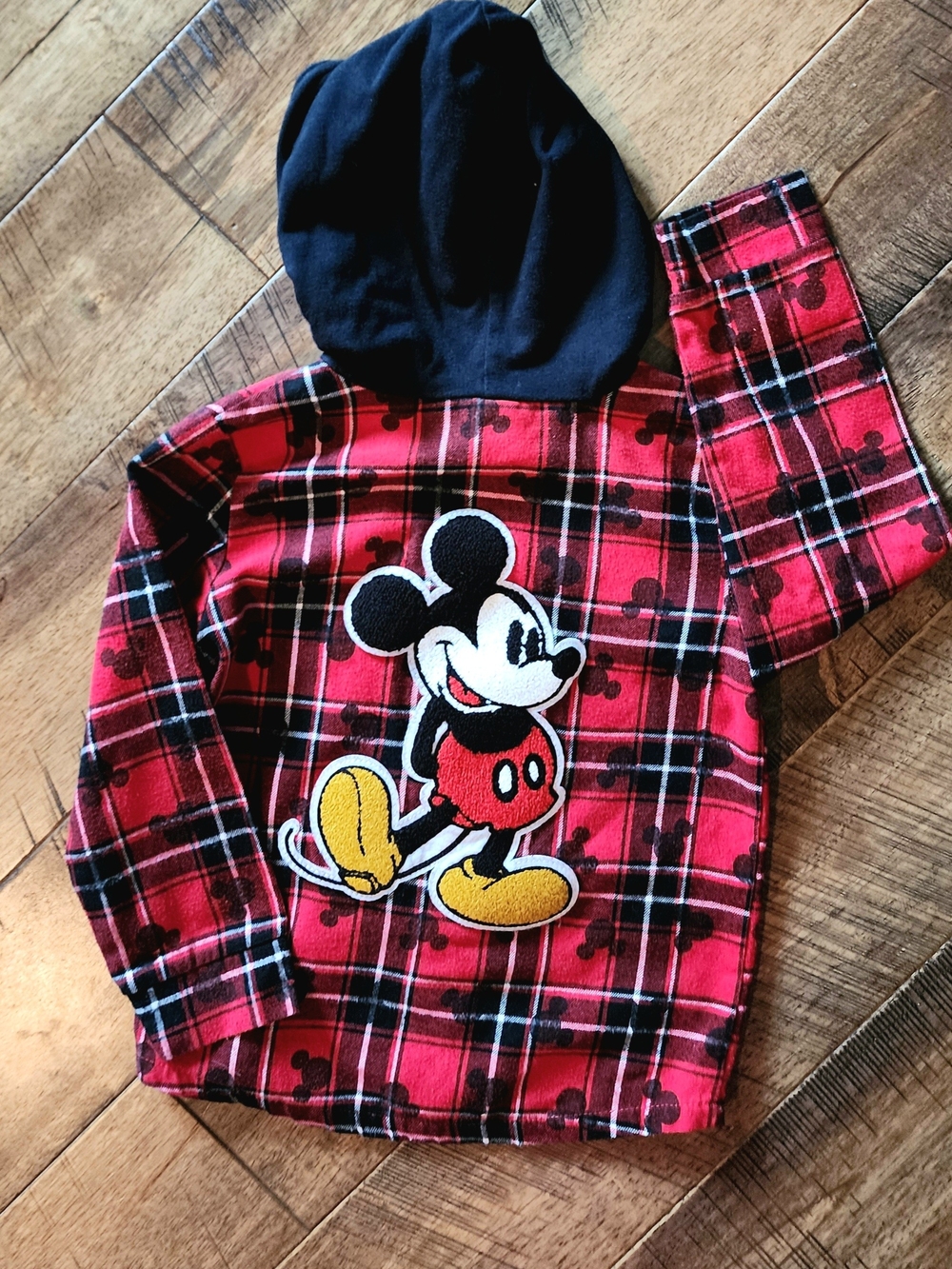 Disney Red Plaid Mickey Patch Hoodie with Black Hood